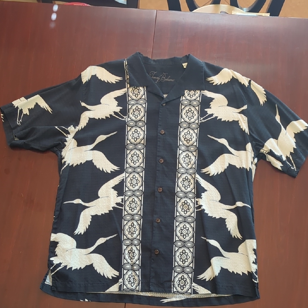 Tommy Bahama Black and Cream Crane Print Shirt